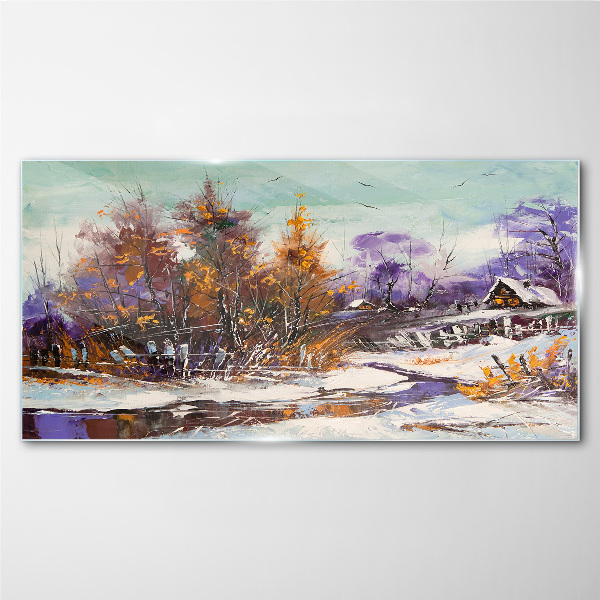 Winter landscape with a house in the forest Glass art print