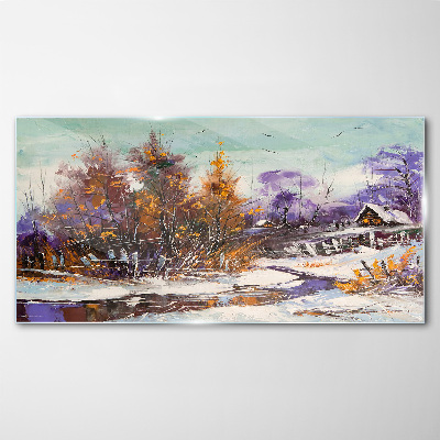 Winter landscape with a house in the forest Glass art print