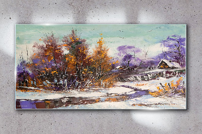 Winter landscape with a house in the forest Glass art print