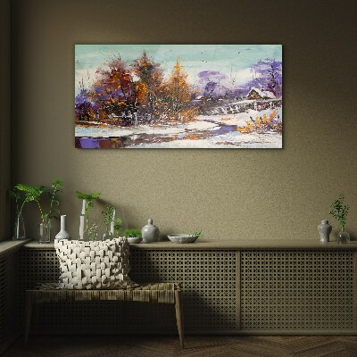 Winter landscape with a house in the forest Glass art print