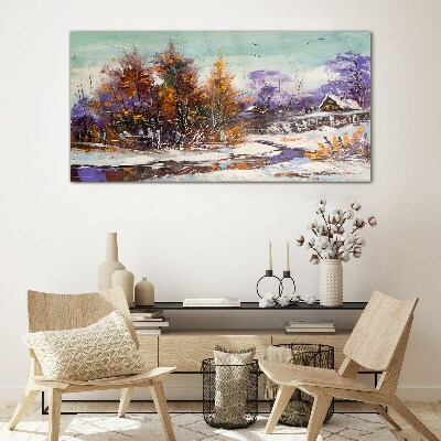 Winter landscape with a house in the forest Glass art print