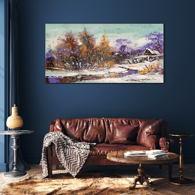 Winter landscape with a house in the forest Glass art print