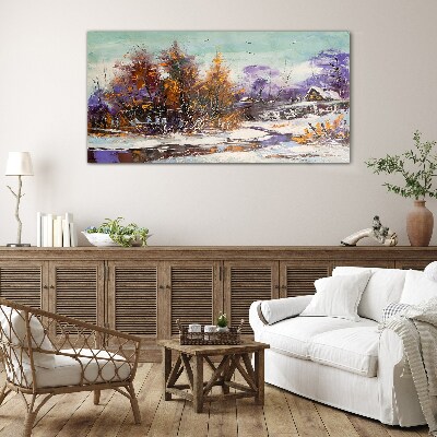 Winter landscape with a house in the forest Glass art print