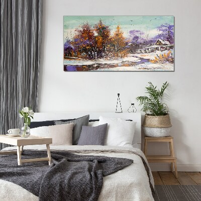Winter landscape with a house in the forest Glass art print