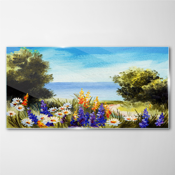 Landscape with flowers by the sea Wall art on glass