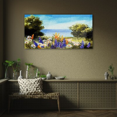 Landscape with flowers by the sea Wall art on glass