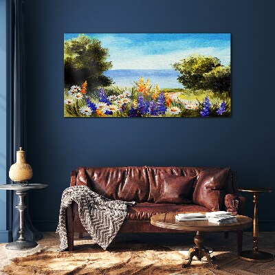 Landscape with flowers by the sea Wall art on glass