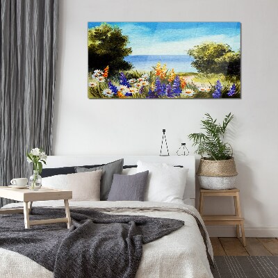 Landscape with flowers by the sea Wall art on glass