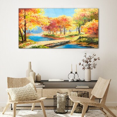 Autumn alley by the river Glass art print
