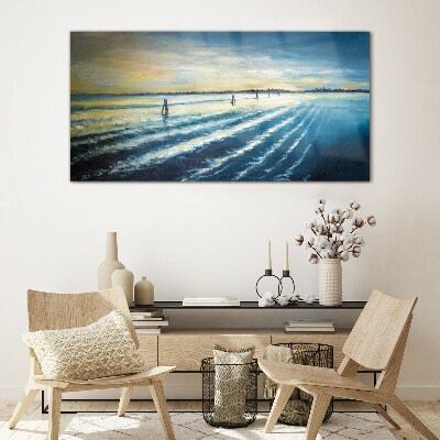 A quiet port at sunset Wall art on glass
