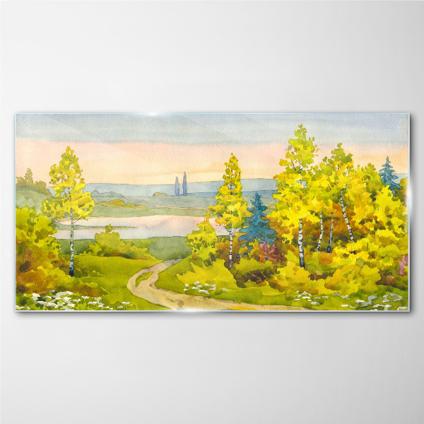 Spring landscape with trees Wall art on glass