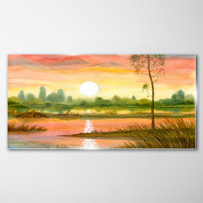 Sunset over a quiet river Glass art print
