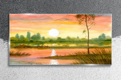 Sunset over a quiet river Glass art print