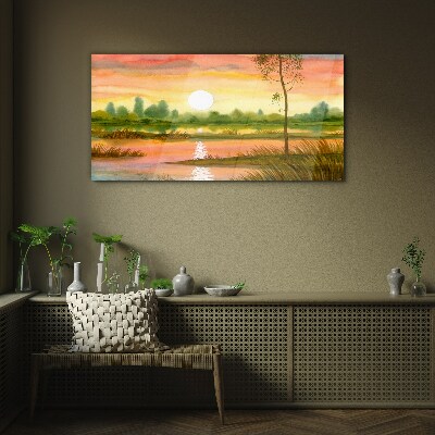 Sunset over a quiet river Glass art print