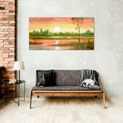 Sunset over a quiet river Glass art print