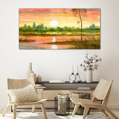 Sunset over a quiet river Glass art print