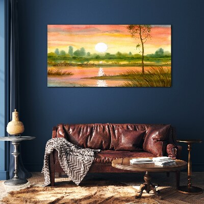 Sunset over a quiet river Glass art print