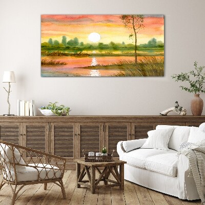 Sunset over a quiet river Glass art print