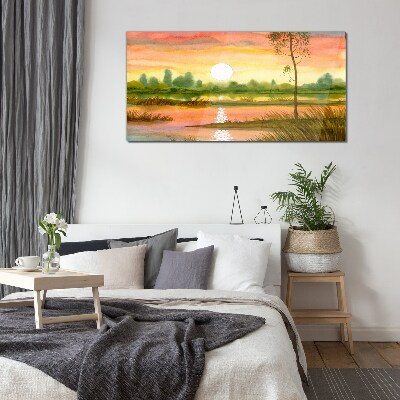 Sunset over a quiet river Glass art print