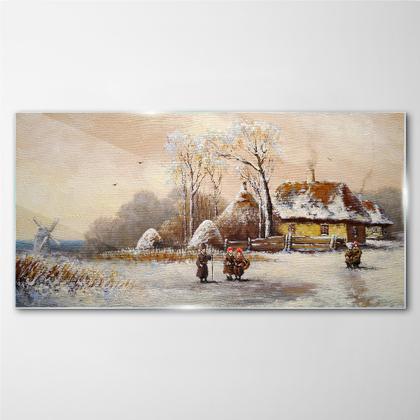Winter landscape with a cottage and the wind Wall art on glass