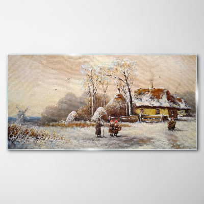 Winter landscape with a cottage and the wind Wall art on glass