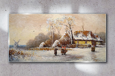 Winter landscape with a cottage and the wind Wall art on glass
