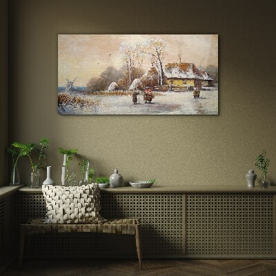 Winter landscape with a cottage and the wind Wall art on glass