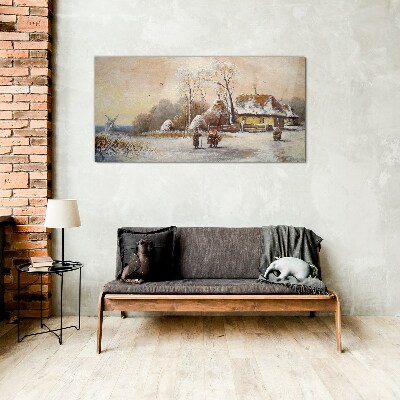Winter landscape with a cottage and the wind Wall art on glass