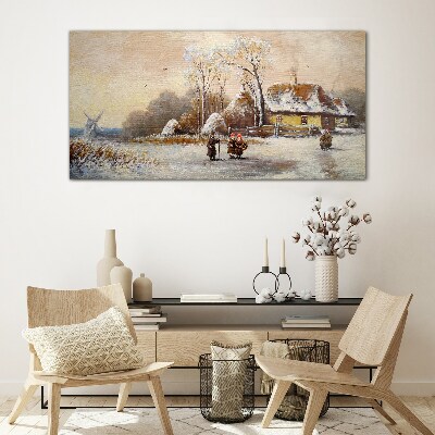 Winter landscape with a cottage and the wind Wall art on glass