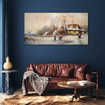 Winter landscape with a cottage and the wind Wall art on glass