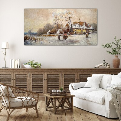 Winter landscape with a cottage and the wind Wall art on glass