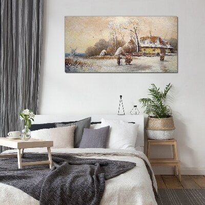 Winter landscape with a cottage and the wind Wall art on glass