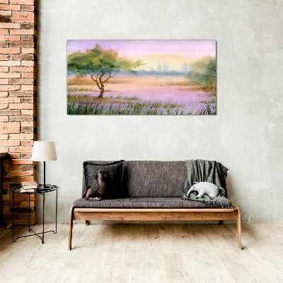 Morning landscape with a tree Glass art print
