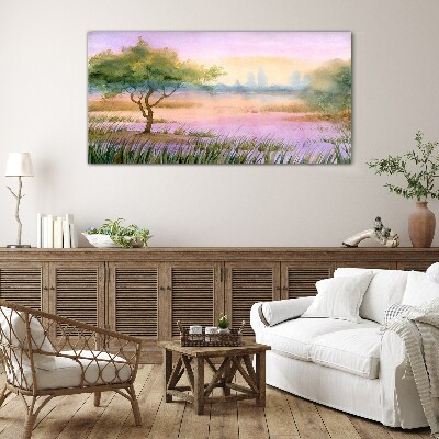 Morning landscape with a tree Glass art print