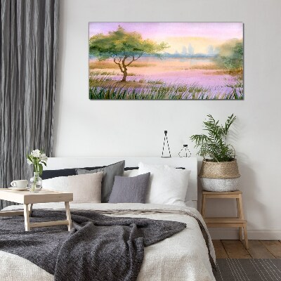 Morning landscape with a tree Glass art print