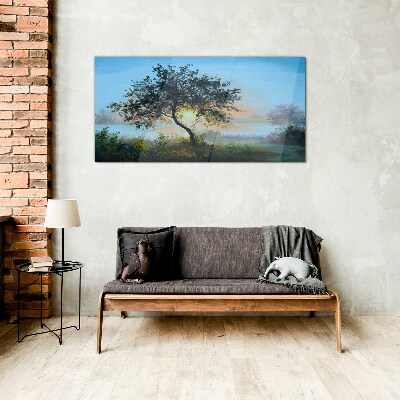 Sunset over the lake Glass art print