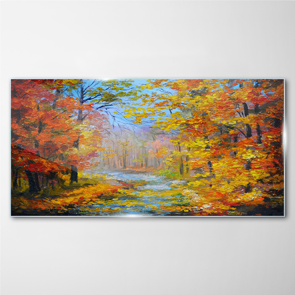 Autumn scenery in the forest Wall art on glass