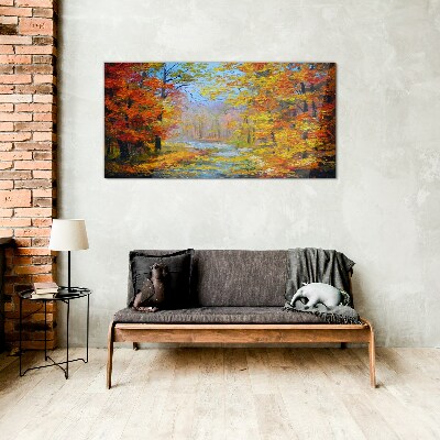 Autumn scenery in the forest Wall art on glass