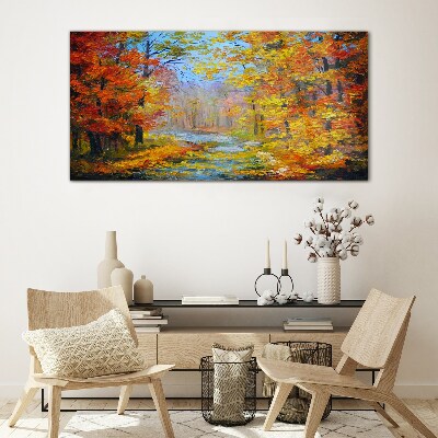 Autumn scenery in the forest Wall art on glass