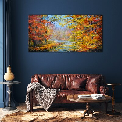 Autumn scenery in the forest Wall art on glass