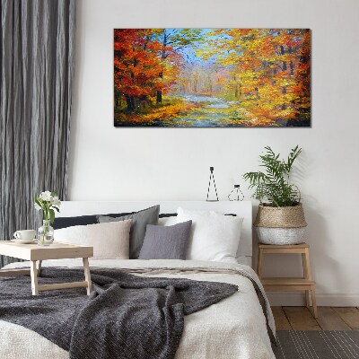 Autumn scenery in the forest Wall art on glass