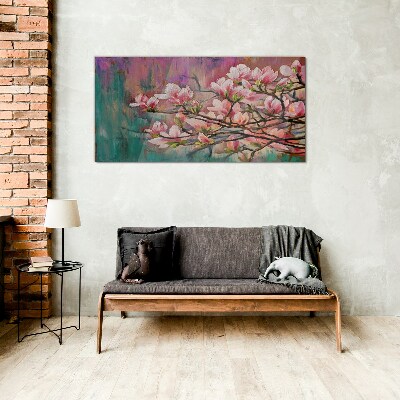 Magnolia flowers against the backdrop of spring Glass art print