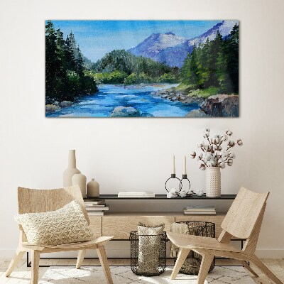 Mountain landscape with a river Wall art on glass