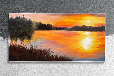 Sunset over the lake Glass art print