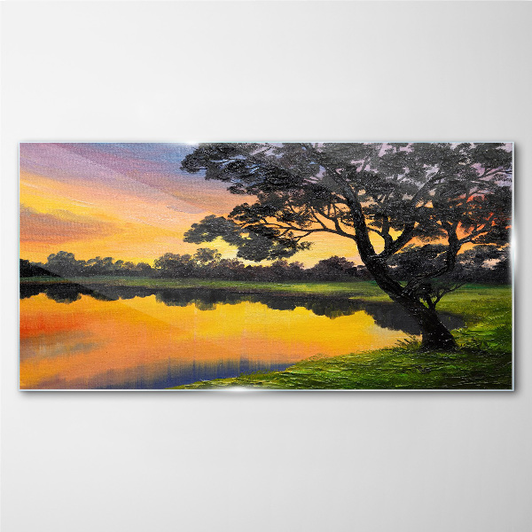 Sunset over the lake Wall art on glass