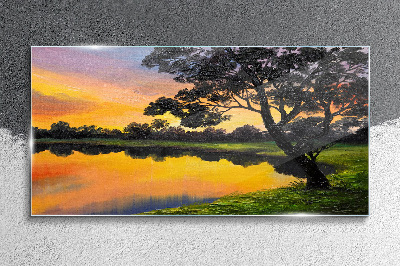 Forest lake sunset Glass Wall Art