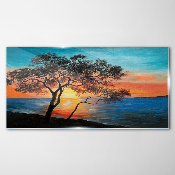 Sunset over the lake Wall art on glass