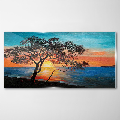 Sunset over the lake Wall art on glass