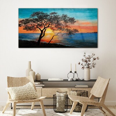 Sunset over the lake Wall art on glass