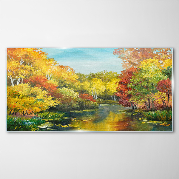 Golden autumn by the lake Glass art print